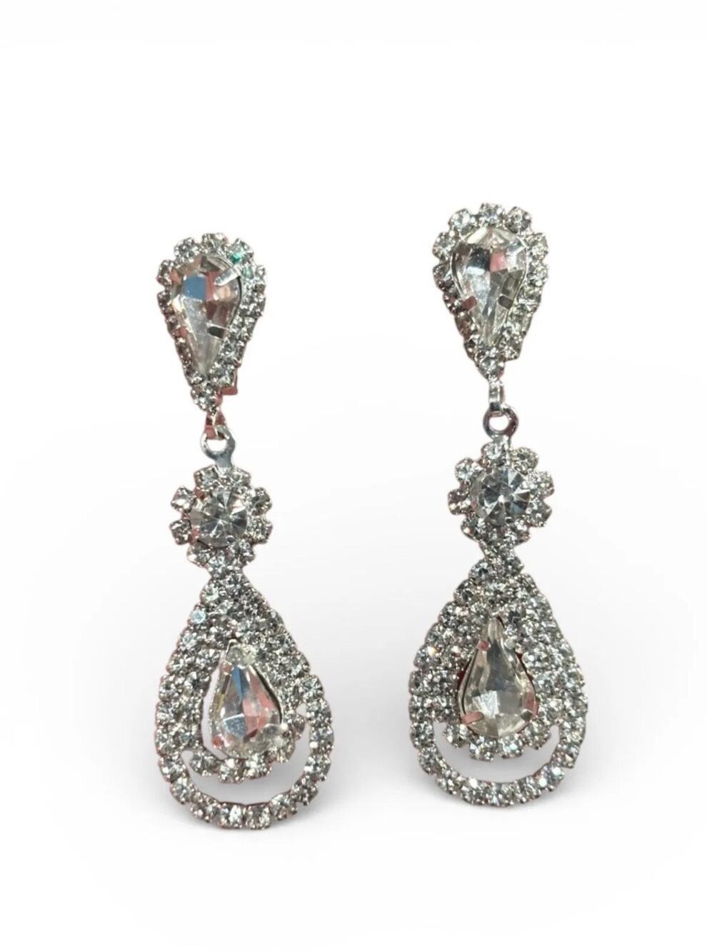 Vintage Rhinestone Teardrop Dangle Clip Earrings Silver Tone Bridal Glam